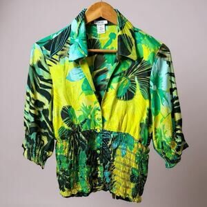 Y2K Cache Silk Blend Top L Green Large Ruched Jungle Print Animal Floral VTG